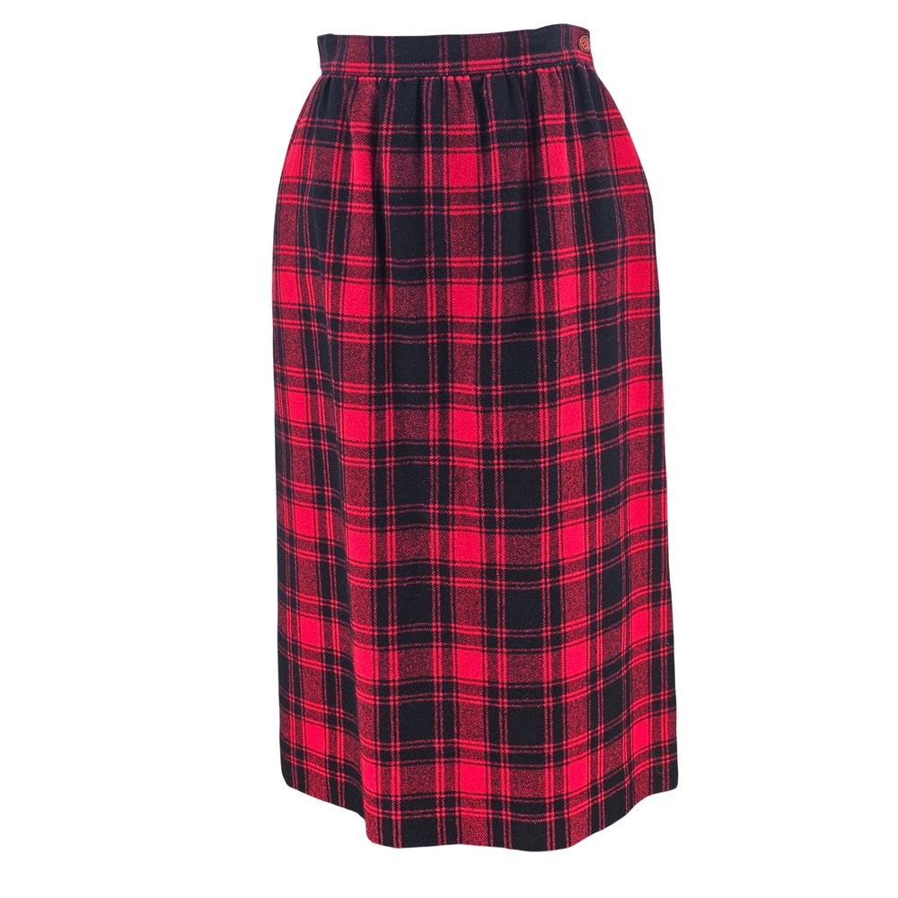 Vintage 70s Pendleton Wool Skirt 10 Red Black Plaid Tartan Midi USA Heritage - Picture 2 of 11